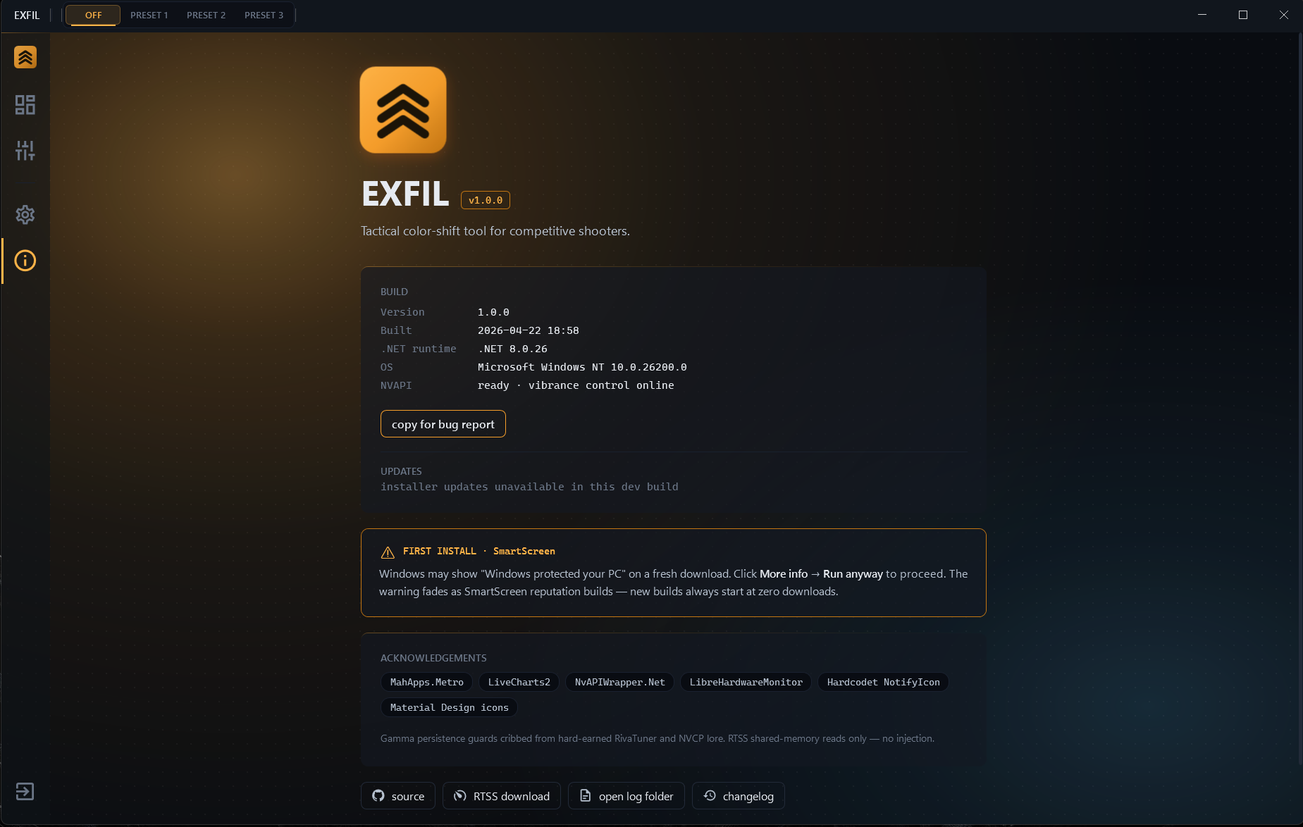 EXFIL about page with build info, driver status, and install notes