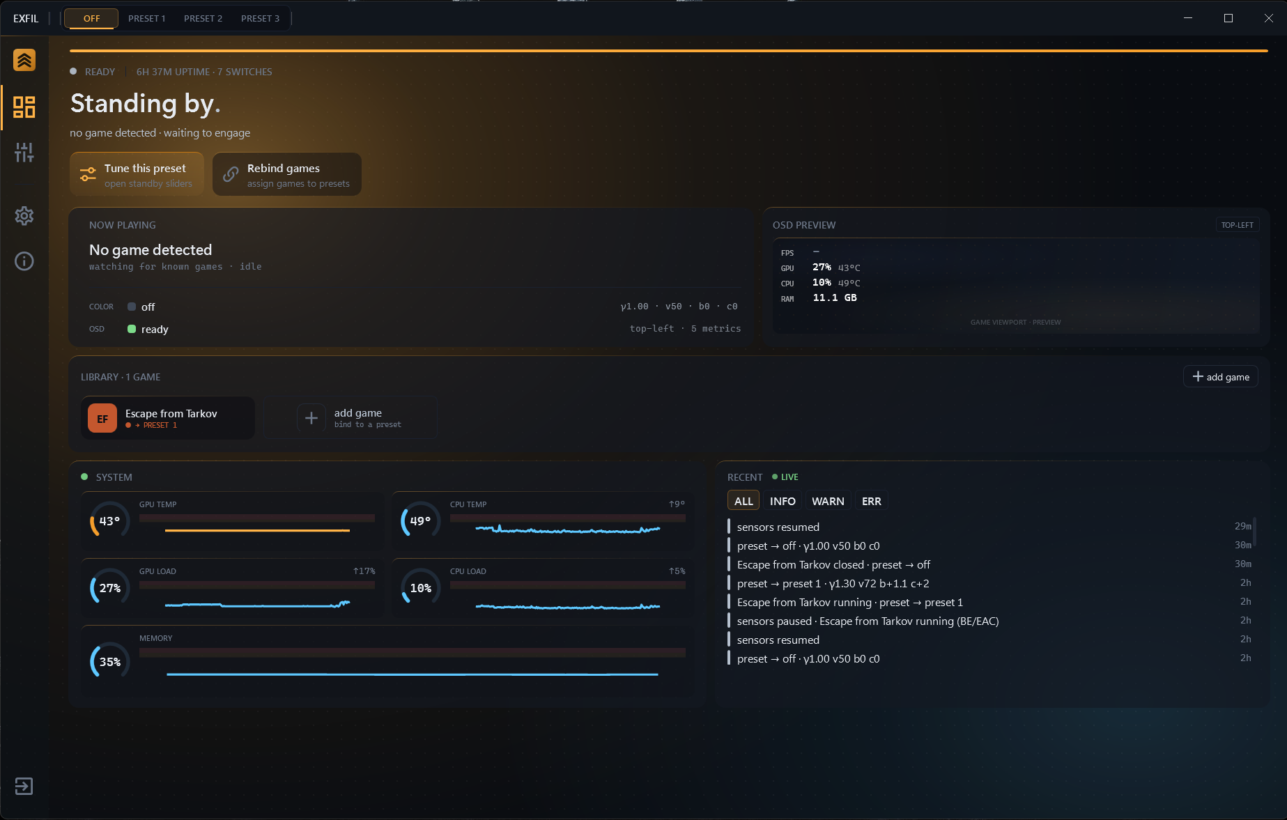 EXFIL dashboard with tray status, OSD preview, game library, and live system telemetry