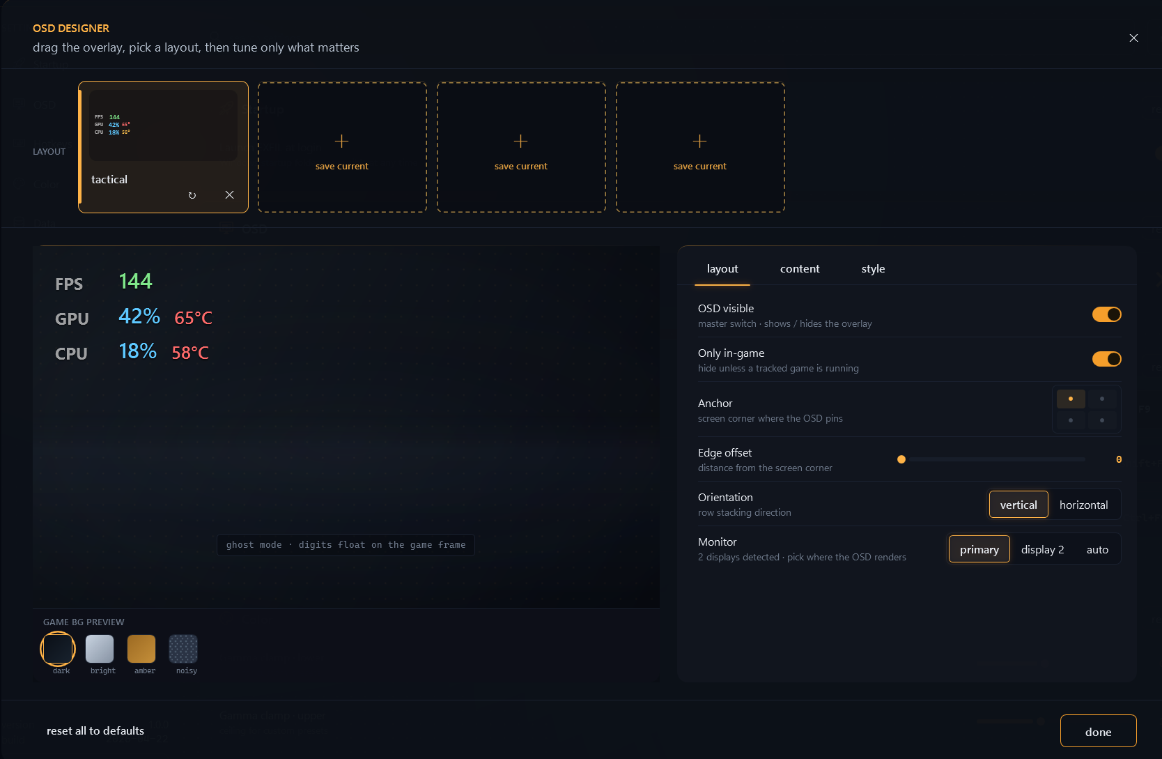 EXFIL OSD designer with overlay layout, content, and style controls