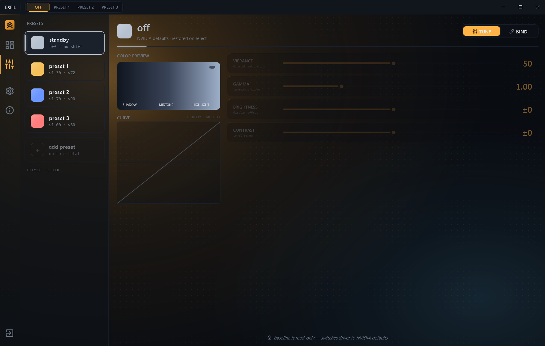 EXFIL preset editor with vibrance, gamma, brightness, and contrast curves